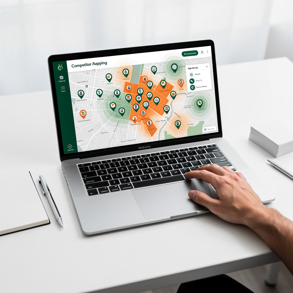 AI-powered competitor mapping visualization showing density zones and white-space opportunities for salon expansion strategy