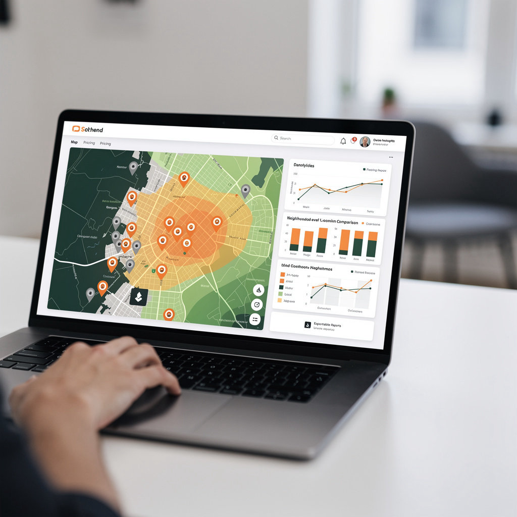 AI-powered demand mapping dashboard showing real-time heatmaps, competitor pins, and pricing analytics for salon expansion planning
