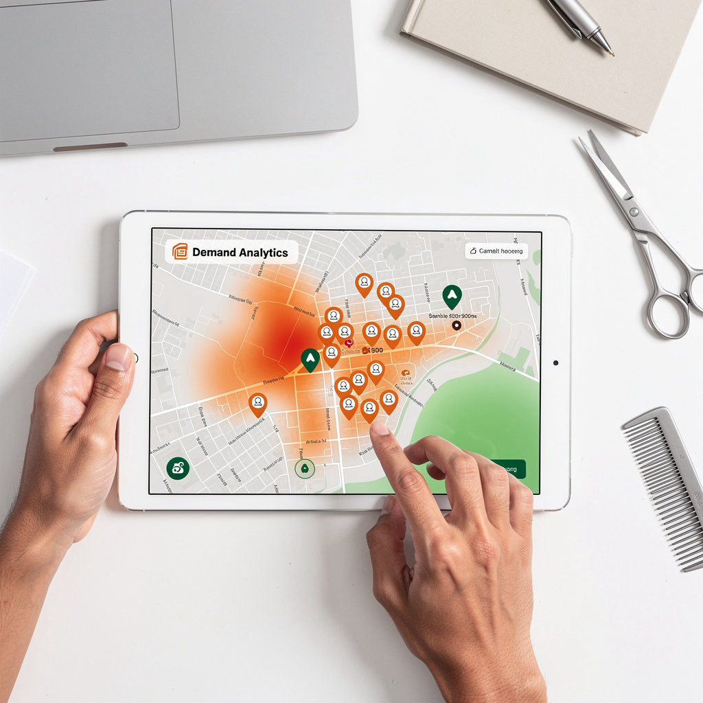 AI-powered demand mapping visualization showing heatmaps, customer request pins, and neighborhood demand density for salon and barber expansion planning