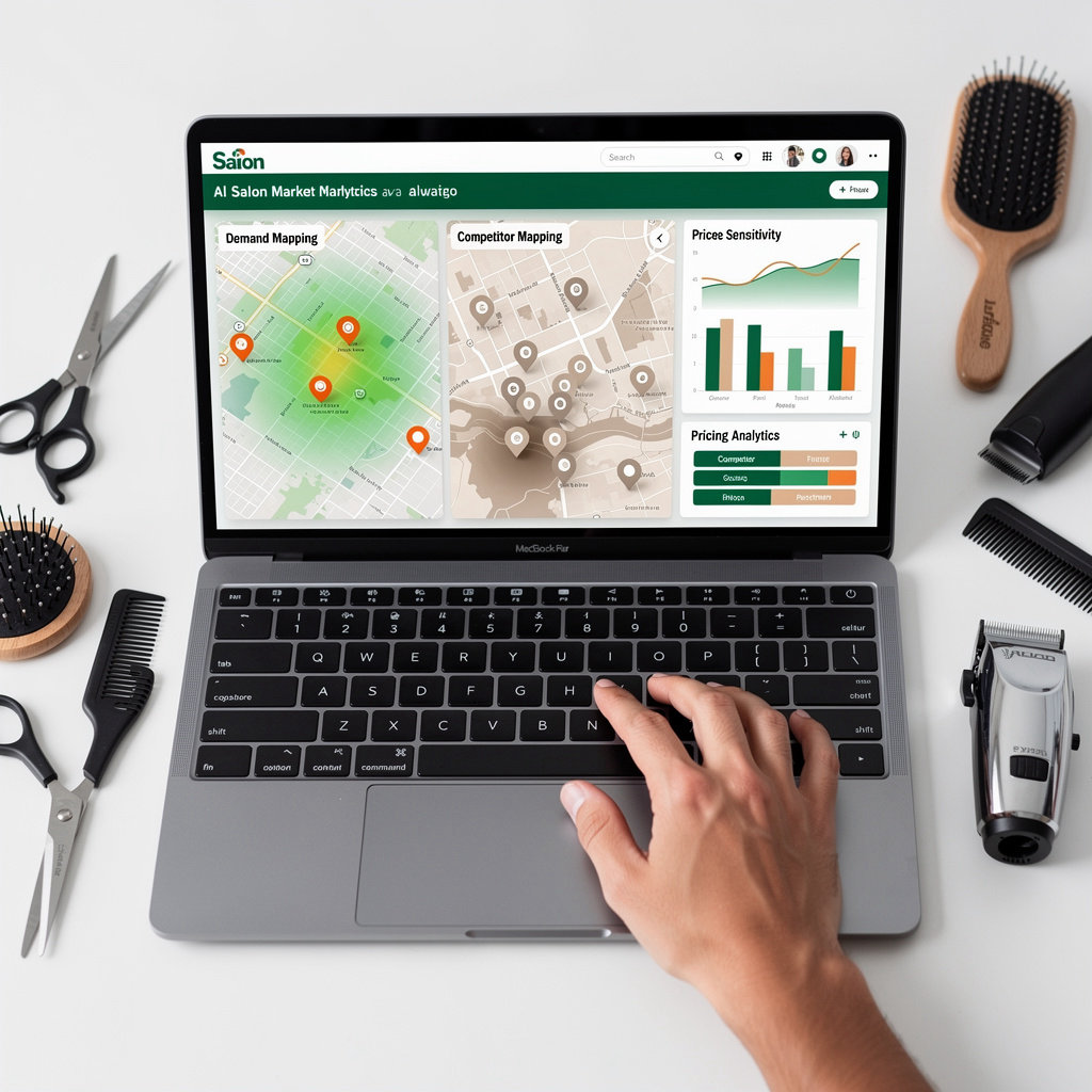 AI-powered demand mapping platform interface showing customer request pins, heatmaps, and competitor overlays for salon and barber expansion planning