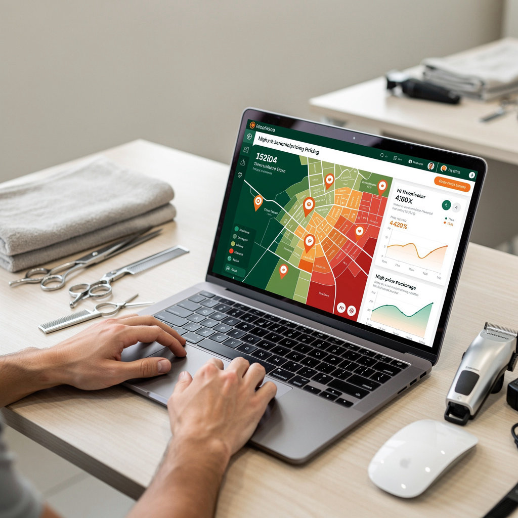 AI-powered website for salons and barbers showing pricing analytics heatmap and neighborhood-level revenue optimization dashboard for beauty service expansion strategy