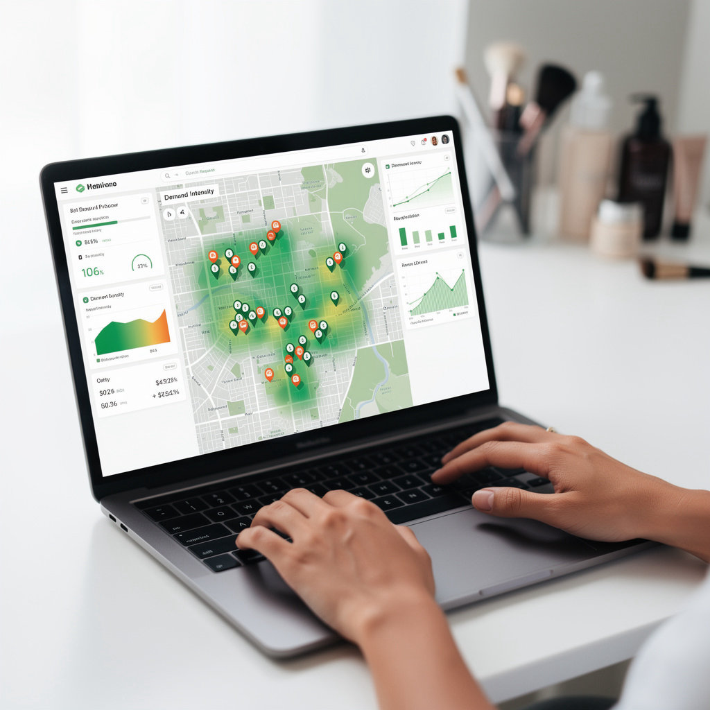 AI-powered demand mapping platform for salons and barbers showing location intelligence dashboard with heatmaps and competitor analysis for expansion planning